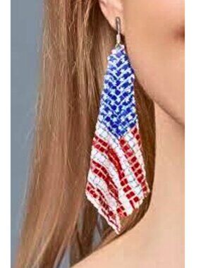 Earrings Square Mesh Chain w/American Flag Pattern Celebration Independence Day